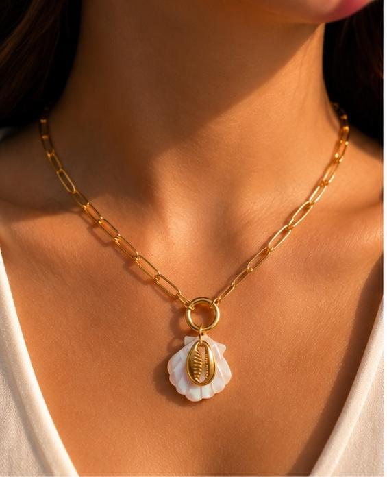 Gold Paperclip Chain Shell Pendant Necklace